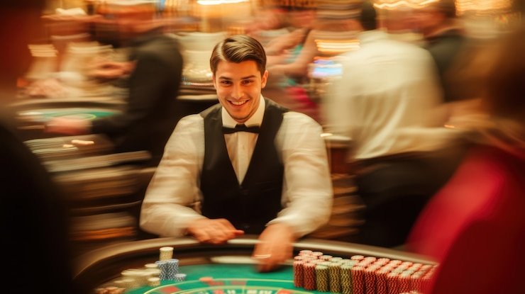 Dealer profesional mega 138 menjalankan permainan baccarat langsung di studio multi-kamera